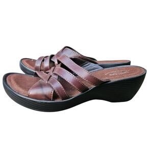 Eastland Sandals Womens Poppy Strappy Slides Brown Leather Casual Wedge 10M EUC
